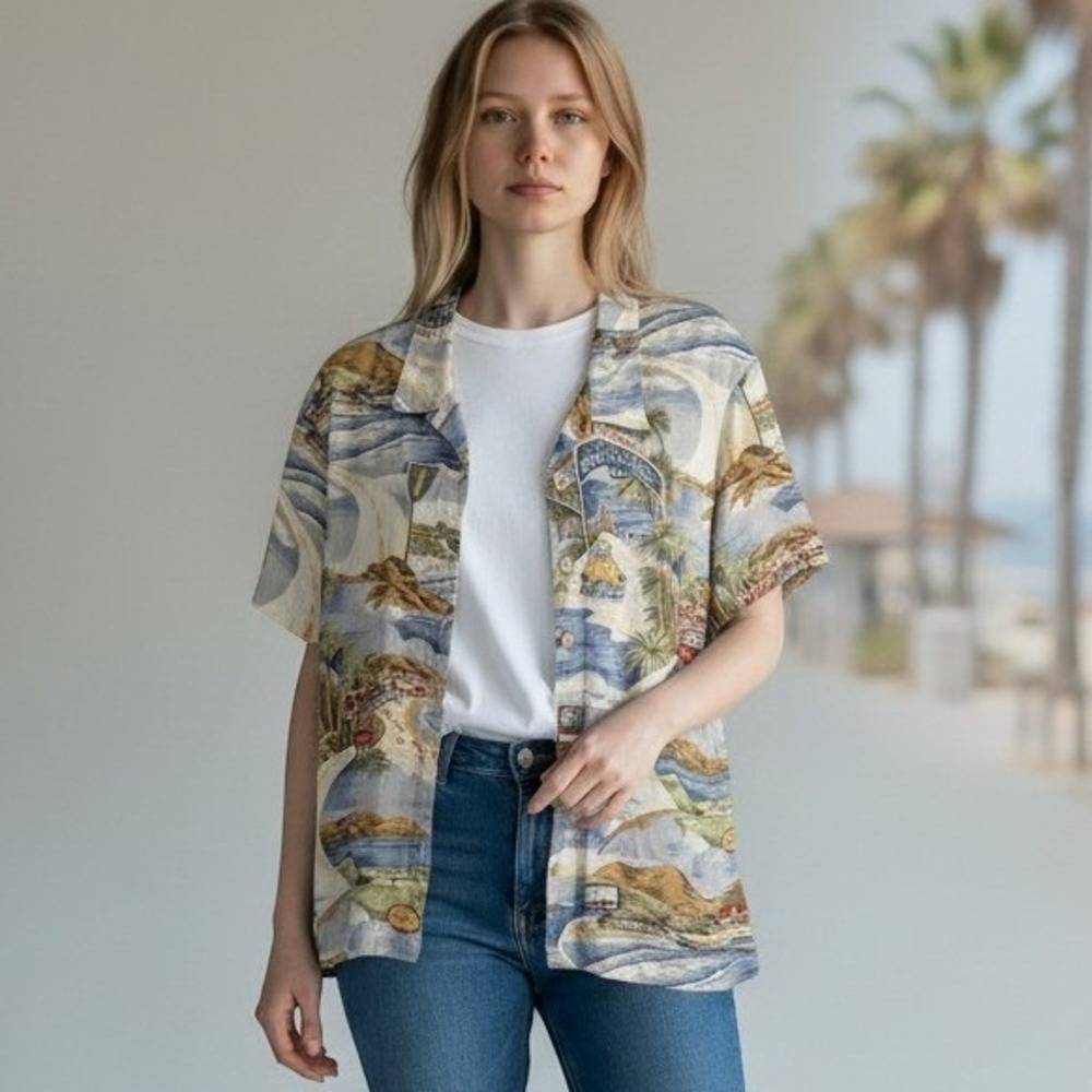 Liz Claiborne Lizwear Shirt Women XL Blue California Postcard Vintage Beach